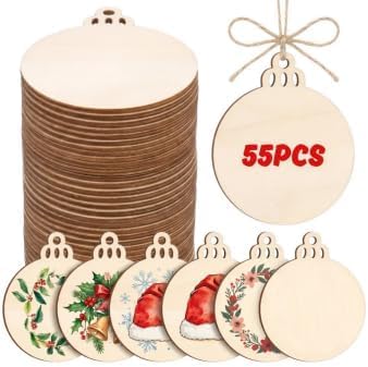 RAINFLOW 55 Pcs Wooden Circles for Crafts - Wooden Christmas Ornaments
