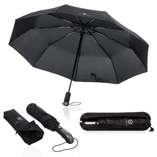 VON HEESEN Regenschirm sturmfest bis 140 km/h - inkl. Schirm-Tasche & Reise-Etui - Taschenschirm mit Auf-Zu-Automatik, klein, leicht & kompakt, Teflon-Beschichtung, windsicher, stabil (Schwarz)