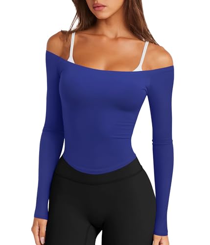 LASLULU Off Shoulder Workout Tops for Women Blue Strapless Athletic Yoga Shirts Basic Backless Casual Fall Winter Tops Activewear(Klein Blue Small)