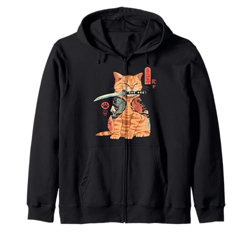 Giapponese Samurai Ninja Cat Kawaii Tattoo Graphic Felpa con Cappuccio