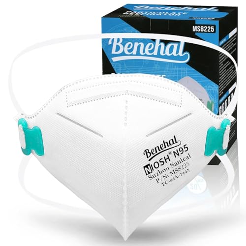 BENEHAL N95 Masks for Adults - 25 NIOSH-Approved 5 Ply Individually Wrapped Reusable N95 Face Masks - 95% Filtration for Easy Breathing, Designed for Long Wear, Helps Filter Pollen, Mold Spores & Dust