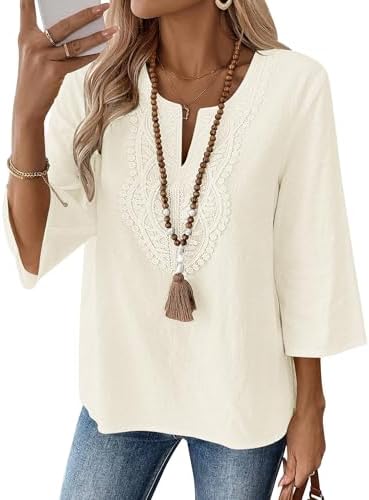 Rapbin Bluse Damen 3/4 Arm Elegant Oberteile V Ausschnitt Baumwolle Spitze Tops Shirt Casual Loose Fit Tunika