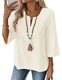 Rapbin Bluse Damen 3/4 Arm Elegante Oberteile V Ausschnitt Baumwolle Hemdbluse Frühling Sommer Outfit Tunika Vintage Blusen Aprikose XL