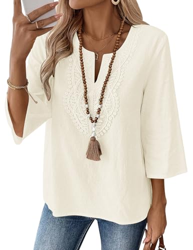 Rapbin Blusen Damen Elegante Oberteile 3/4 Arm V Ausschnitt Vintage Tops für Damen Spitze Modern Tunika Hemdbluse Fashion Outfit Bluse Aprikose Große Größen 3XL