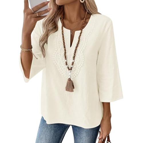 LOMON Womens 3/4 Sleeve Tops Cotton Linen Shirts V Neck Lace Casual Loose Fit Blouses Boho Fashion Apricot X-Large