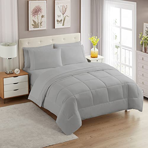 Sweet Home Collection 7 Piece Comforter Set Bag Solid Color All Season Soft Down Alternative Blanket & Luxurious Microfiber Bed Sheets, Silver, Queen