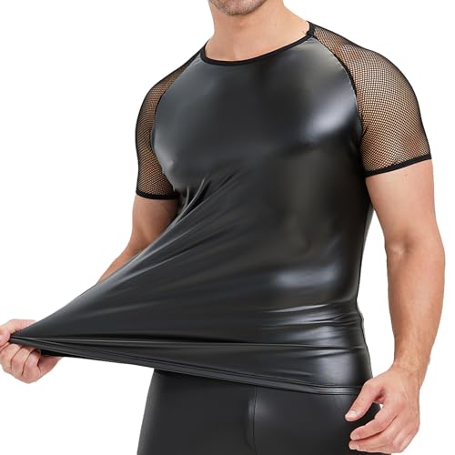 QiaTi Men's Faux Leather Polo Shirts Short Slevees Tops with Zipper Muscle Fit Collared Shirts for Casual4