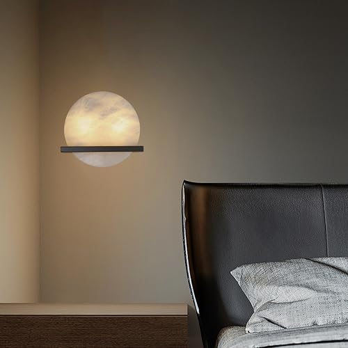 Image of 2 Pack 2 Light 10 inch Round Natural Alabaster Bathroom Wall Sconce Modern Concise Style Wall Light Fixture,Black Finish for Bedroom Hallway Bedside Living Room