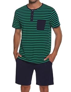 Leversic Schlafanzug Herren Kurz aus Baumwolle mit Kontraststreifen Design, Sommer Pyjama Set Oberteile und Kurze Hosen für Vater und Partner, 205-Grün, 4XL