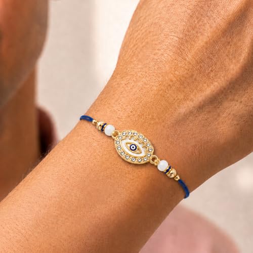 Image of Peora Evil Eye & Crystals Studded Rakhi for Brother Bhaiya | Red Thread | Raksha Bandhan Hamper with Roli Chawal Greeting Card