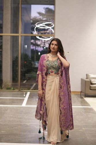Image of Lehenga Choli Indo-Western Draped Set For Womens And Girls Ready To Weear Hevay Crep Silk Fabric With Work Multi Thread Embroidery Coding wedding indowestern Three piech Purple