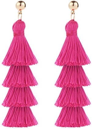 BaubleStar Fashion Gold Tassel Dangle Earrings Layered Long Bonita Tiered Thread Tassel Rose Red Drop Statement Jewelry for Women Girls BAN0054MR