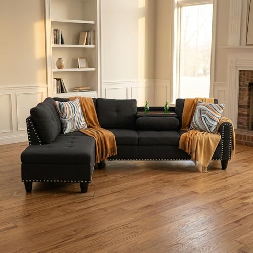 Image of L-Shaped Sectional Sofa, Modern 4-Seat Couch with Built-in Cup Holders, Upholstered Fabric Sectional Couch with Left Facing Chaise for Living Room, Apartment, Office, Black Gray