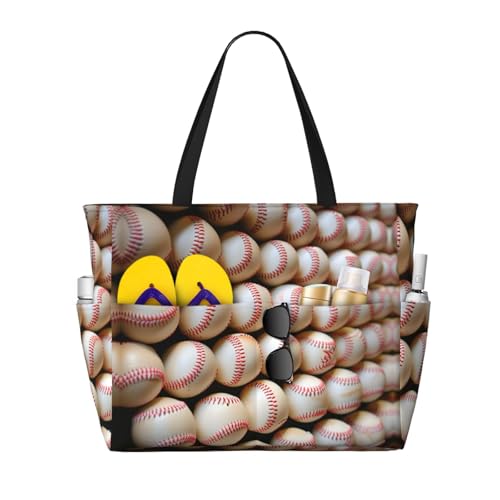 Beach Bag for Women, Waterproof Sandproof Beach Pool Travel Duffel Bags with 7 Pockets, Large Capacity Shoulder Tote Bag for Gym Travel Vacation Essential, Various Sport Baseball