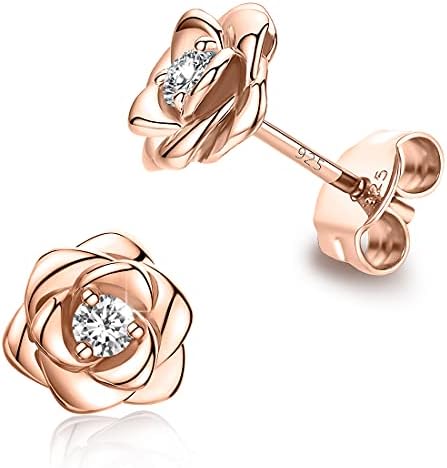 Rose Gold Plated Sterling Silver Rose Flower Earring Studs, Hypoallergenic & Nickel Free Earrings for Women