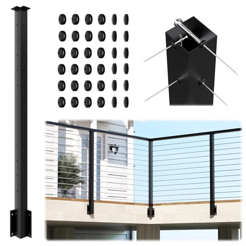 Image of Side Mount Inner Corner Post 42 inch (Post Body 47.6 inch), Fixed Top Three Side Drilled Corner Post Cable Railing, Black Stainless Steel 304 Fascia Mount Metal Post with Inner Terminal & Cable Grommet