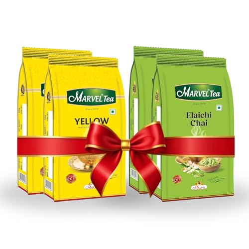 Image of Marvel Tea 1Kg Combo of 2 (Yellow 2X250g + Elaichi 2X250g), Aromatic & Gently Rolled Kadak CTC, Handpicked Strong Chai from Assam & Darjeeling, Refreshing Aroma & Rich Taste