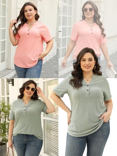 VISLILY Womens-Plus-Size-Summer-Tops Roll Short Sleeve V Neck T Shirts Trendy Eyelet Blouses Cute Buttons Up Tunics Tee4