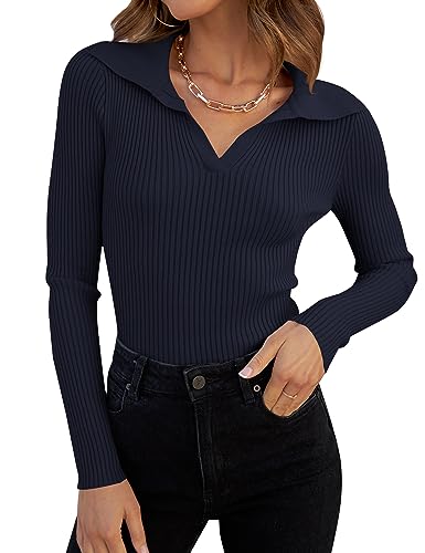 Image of ZESICA Fall Sweaters for Women 2026 Long Sleeve V Neck Ribbed Knit Pullover Tops Casual Slim Fit Basic Tee Shirts