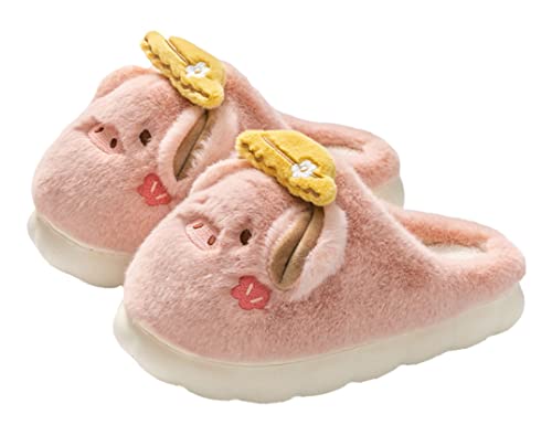 YILANLAN Women's Pink Pig Animal Slippers - Warm, Plush, Winter, Flat Heel, No Closure, Round Toe