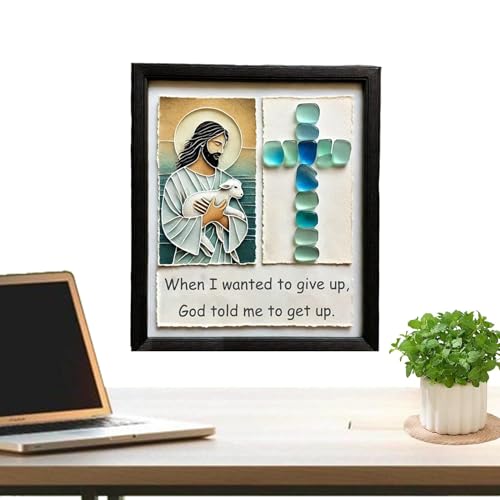 Generico Sea Glass Framed Wall Art, Christian Inspirational Bedroom Decor, 9.84 Inches Jesus Praying Crucifix Artwork, Decoration for Living Room, Religious decoration Faith-Based Home