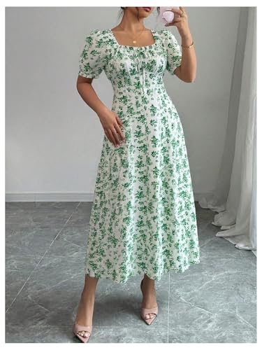 Image of Floerns Women's Floral Short Puff Sleeve Milkmaid Dress Boho A Line Long Dresses