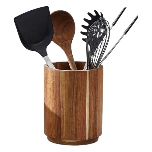 Veasbuu Organizador de utensilios de madera oscura, tenedor de madera, 7,09 x 5,91 pulgadas, estante giratorio grande, almacenamiento de ropa rústico, soporte para cucharas para cenas, despensas