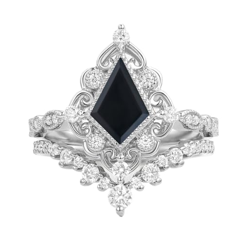 1ct 1.5ct 2ct Black Onyx Wedding Ring Set for Women - Kite Cut Black Onyx Bridal Sets Wedding Rings White Yellow Rose 10K 14K 18K Gold Sterling Silver Gem Art Deco Anniversary Promise Ring Set