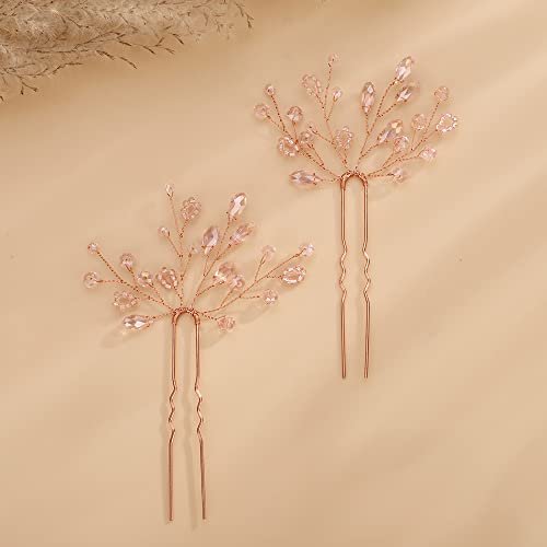 Teyglen 2pcs Crystal Bride Wedding Hair Pins Red Rhinestones Beads Hair Pins Set Bridal Hair Accessories Gold Silver Purple Blue Rhinestones Hair Pieces for Women Girls (Pink)