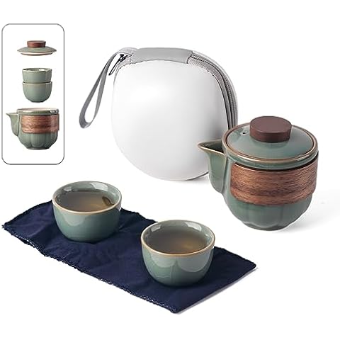 Portable Kungfu Teapot Tea Set, Ceramic Travel Tea for One Set, A Minimalist Look Tea Pot with 2 cup for Tea Lovers Home Hotel Office Outdoor Picnic (Green) Cover