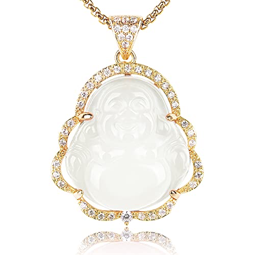 Image of ASGIFT Laughing Buddha Necklace Cubic Zirconia Green Jade Buddha Pendant with 18K Gold Plated Chain Lucky Buddha Necklace Jewelry Gift