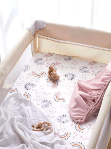 Image of TILLYOU Mini Crib Fitted Sheets - Soft Knit Sheet for Pack N Play, Microfiber Mini Crib Sheets, 38 x 24 Playpen Bedding Sheet for Baby 2 Pack, Machine Washable, Rainbow Star