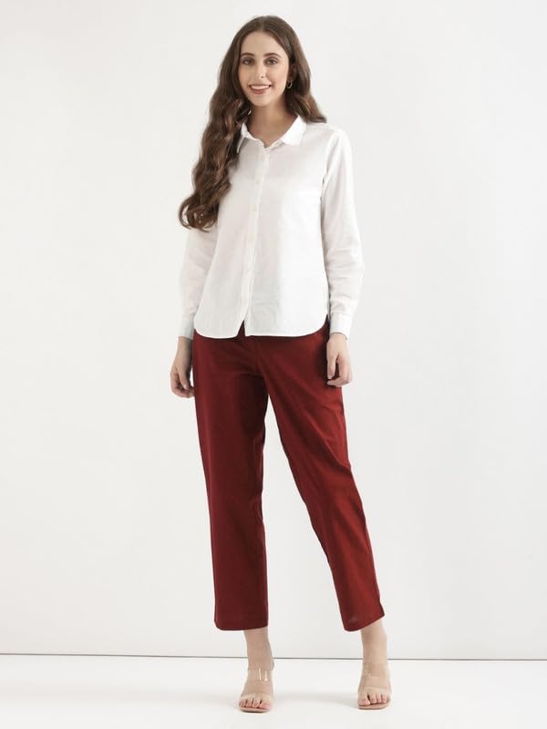Image of SAADAA Women's Airy Linen Straight Pants | Regular Fit Trousers | Half Elasticated with Drawstrings & Buttons | 4 Pockets | Everyday & Office Wear