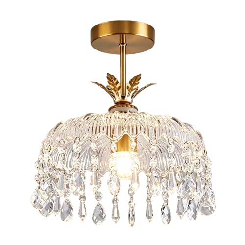 Plafonnier vintage en cristal dore petit lustre de prestige en verre ciselé