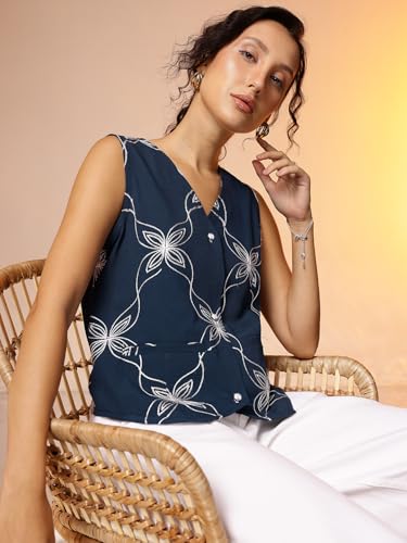 Image of Amazon Brand - INKAST Women Floral Textured Sleeveless Button-Down Vest with Pockets | V-Neck Waistcoat Blouse | Pointed Hem | Tunic Top