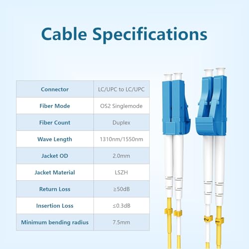 Image of Yonwide Single Mode Fiber Optic Cable - 0.5m (1.64 ft), LC to LC, OS2, LSZH, Yellow SMF