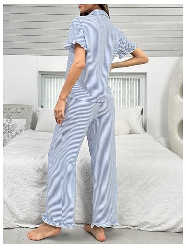 WDIRARA Women's 2 Piece Stripe Button Front Pocketed Shirts and Pants Ruffled Hem Pajama Set2