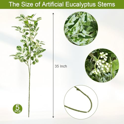 XOETCP 5PCS Artificial Eucalyptus Stems for Vase Pot- 35 Inch Fake Plants Faux Greenery Leaves Branches for Arrangement Dining Entryway Table Decor - Green — view 2