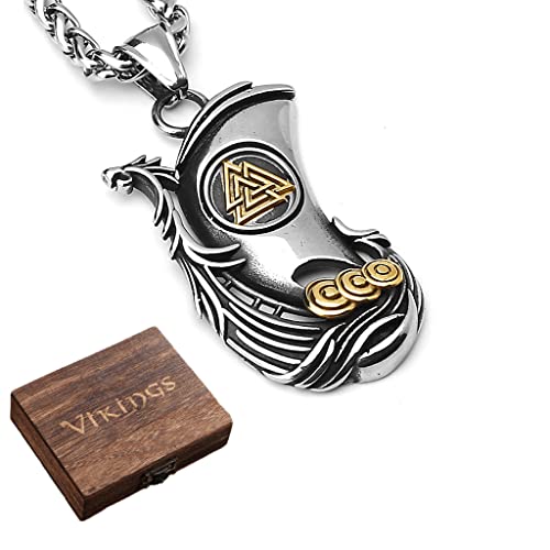 Collier pendentif bateau viking aux finitions mythologiques d'Odin et symbole Valknut