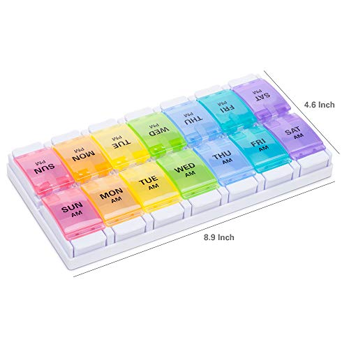 AM PM Weekly 7 Day Pill Organizer, Sukuos Large Daily Pill Cases with Easy Push Button Design for Pills/Vitamin/Fish Oil/Supplements (Rainbow)