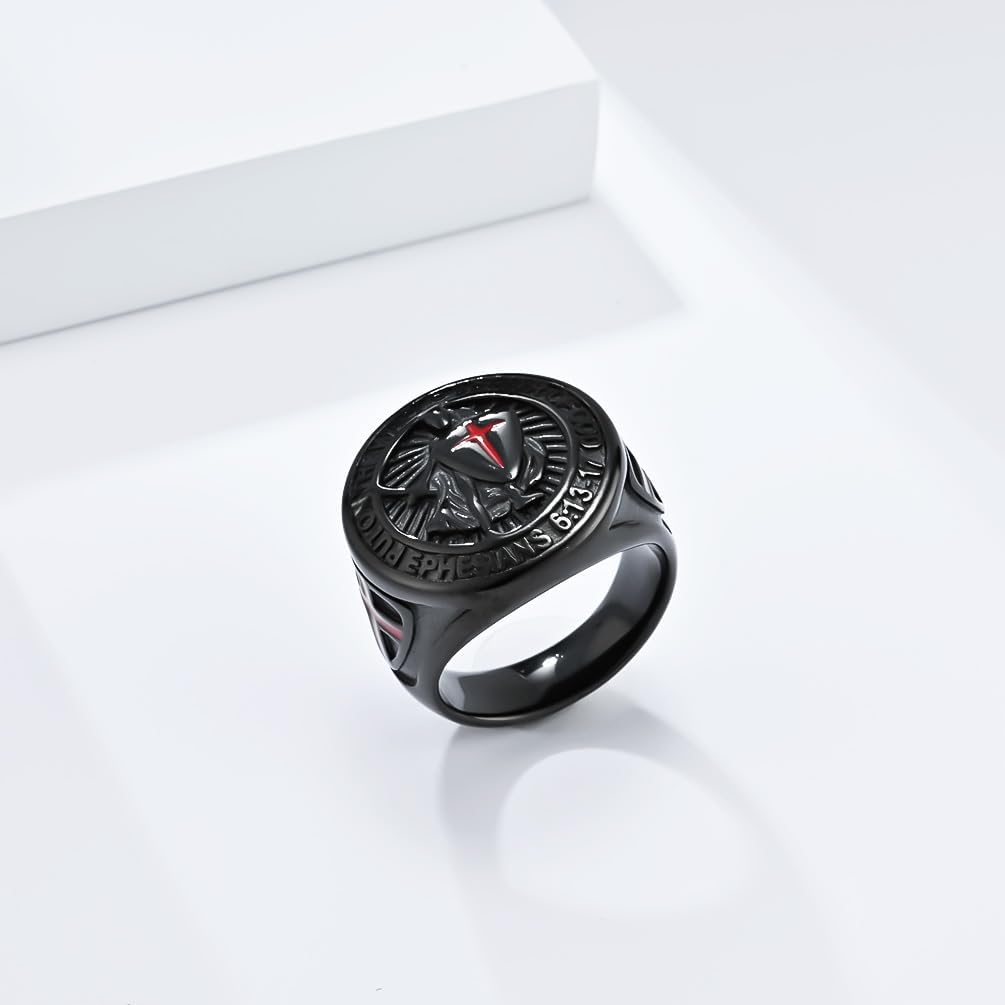 Knights Templar Put On The Whole Armor of God Ephesians 6:13-17 Red Cross Design Mens Stainless Steel Christian Signet Black Ring
