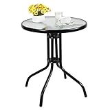 24" Patio Dining Table Round Bistro Table Outdoor Furniture Garden Table with Frame Tempered Glass Top for Backyard Lawn Balcony Pool, Black