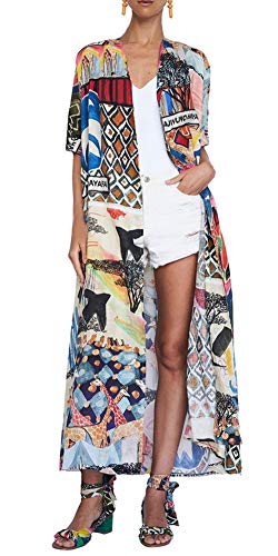 LONGBIDA Women's Bohemian Floral Print Short Sleeve Kimono Loose Cardigan Lightweight Cover Up