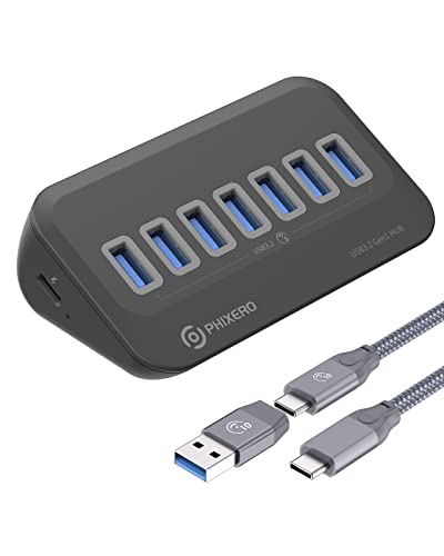 PHIXERO-7-Ports-USB-30-Hub-5Gbps-USB-Port-Hub-with-a-2-in-1-USB-C-to-USB-AC-Cable-10Gbps-Portable-USB-Splitter-USB-Hub-for-Laptop-PC-iMac-MacBook-Playstation-Xbox