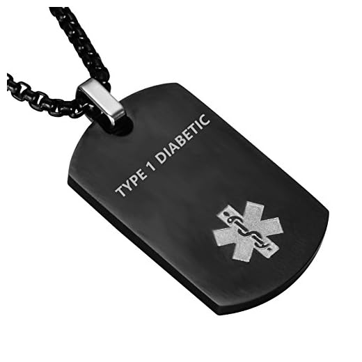 LiFashion LF Stainless Steel TYPE 1 DIABETIC Medical Alert Dog Tag ID Pendant Caduceus necklace for Men Women Teens Health Alert Monitoring Systems,Black