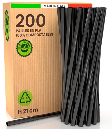 200 Pailles Rigides en Bioplastique 100% Réutilisables et Écologiques - 21cm x 6mm, Biodégradables et Compostables, Made in Italy - Idéales pour Boissons, Cocktails, Événements, Fêtes - Couleur Noire