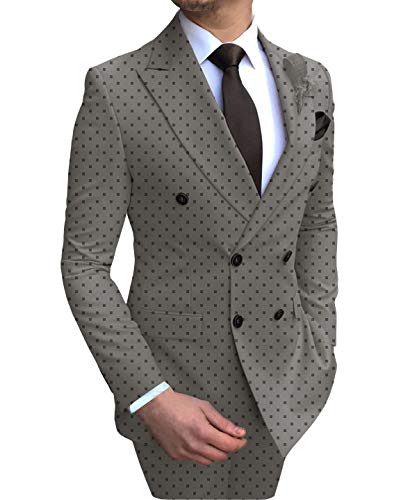 Mens Blazer Jacket Peak Lapel Double-Breasted Slim Fit Print Dots Sport Coat ?52,Grey