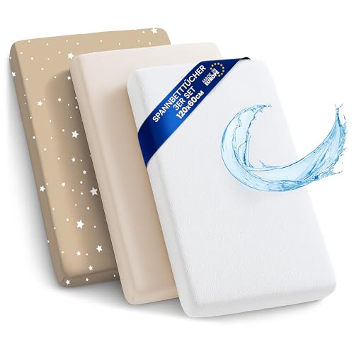 Lenzuola con angoli per passeggino Set di 3: 60x120 cm - 2 lenzuola + 1 coprimaterasso impermeabile - Accessori per lettino per culla co-sleeping carrozzina 60 x 120