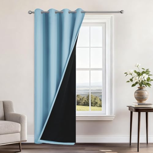 Image of Yakamok Sky Blue 100% Blackout Curtains 84 Inches Long 52 inch Wide 1 Panel | Blackout Curtain Panels for Bedroom, 2 Thick Layers Grommet Top Thermal Insulated Drapes with Black Liner for Living Room
