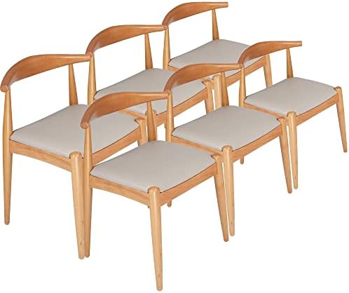 Koreyosh Mid Century Dining Chairs Set of 6 Modern Side Chair with Solid Beech Wood Leather Seat and Wooden Curved Backrest Low-Back Farmhouse Dining Chairs, 6-Pack